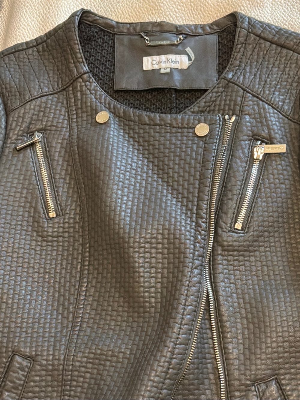 Calvin Klein Women's Dark Grey  Textured Moto-Style Jacket